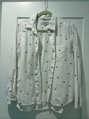 LOFT White Button-Up Shirt with Red Heart Embroidery
